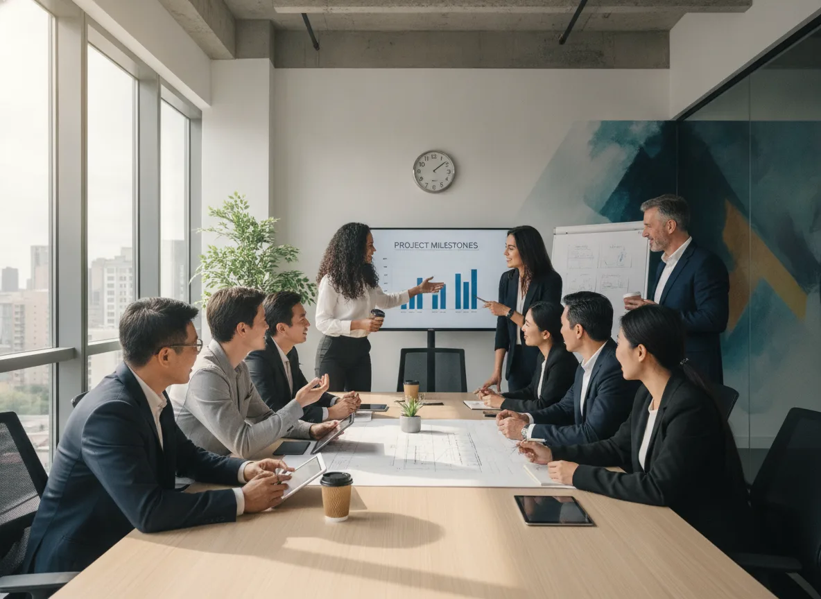 Grupo diverso em reunião empresarial discutindo gráficos de desempenho | Imagine Company - Agência de Marketing e Vendas em Goiânia - GO - BRASIL
