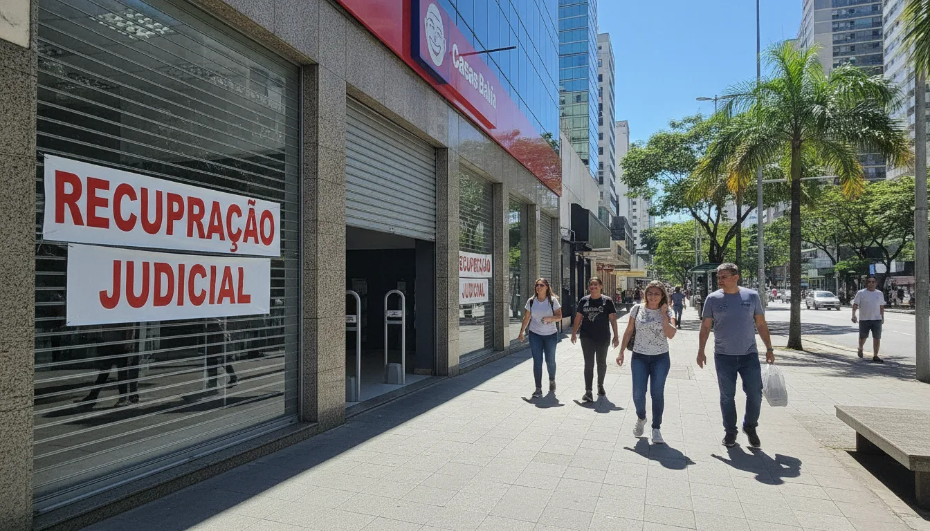 Fachada da Casas Bahia com faixa de recuperação judicial | Imagine Company - Agência de Marketing e Vendas em Goiânia - GO - BRASIL