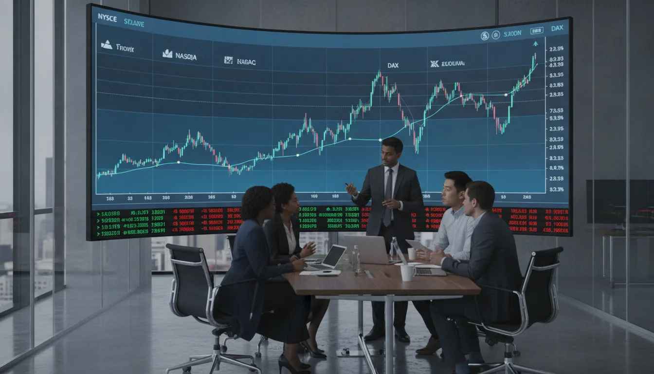 Executivos discutindo gráficos de ações em sala de conferência moderna. | Imagine Company - Agência de Marketing e Vendas em Goiânia - GO - BRASIL