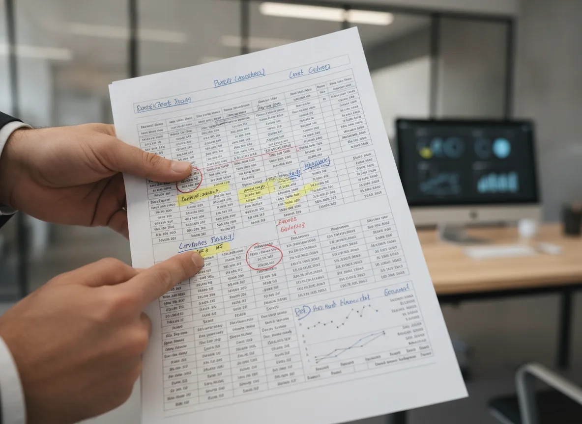 Pessoa analisando notas fiscais impressas com marcações de falhas | Imagine Company - Agência de Marketing e Vendas em Goiânia - GO - BRASIL