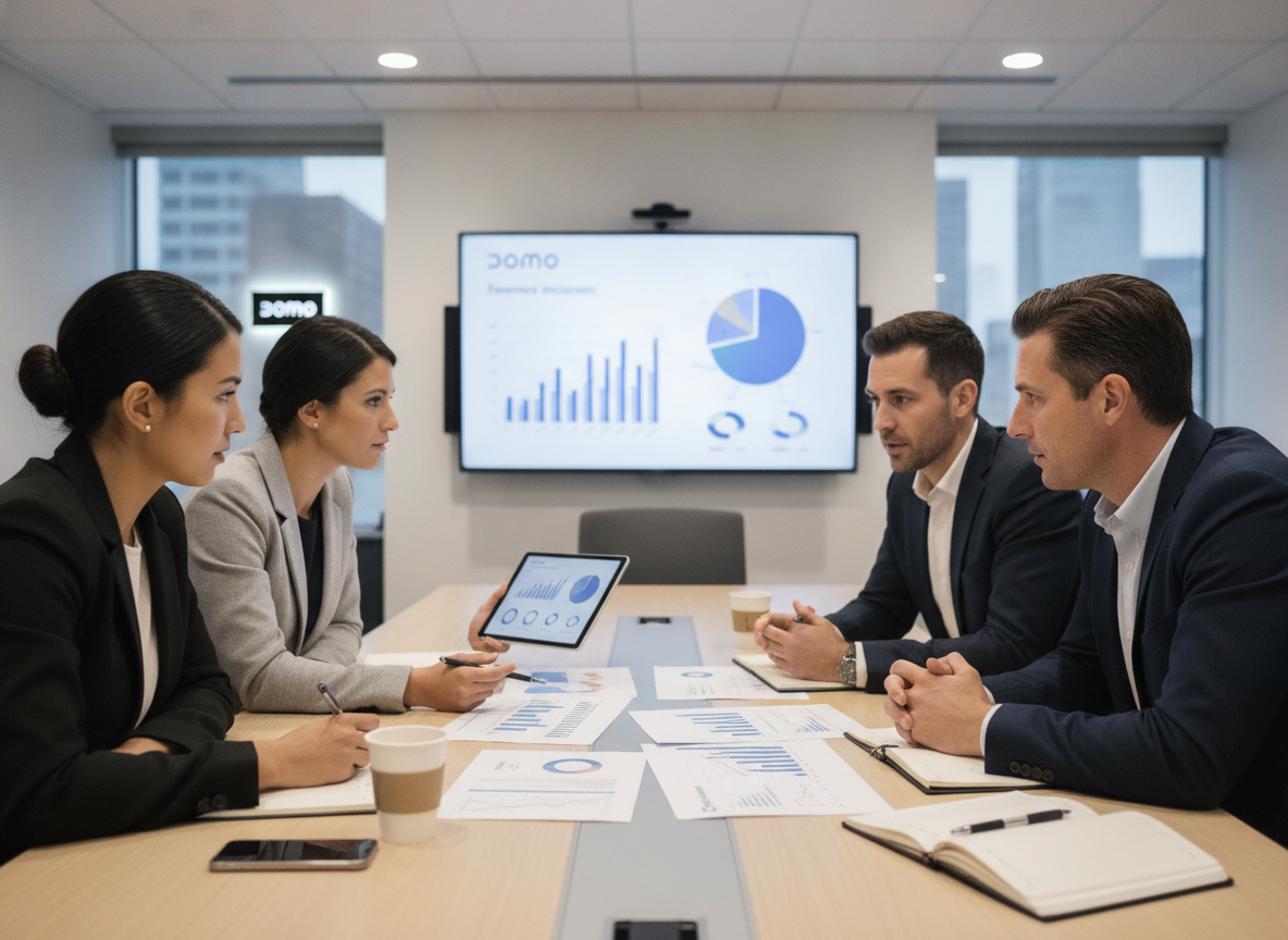 Pessoas em reunião discutindo gráficos de negócios da DOMO | Imagine Company - Agência de Marketing e Vendas em Goiânia - GO - BRASIL