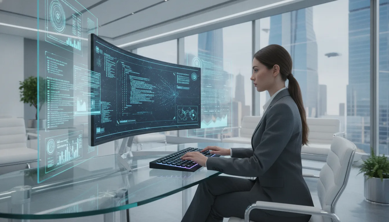 Mulher em escritório moderno usando teclado para controlar IA | Imagine Company - Agência de Marketing e Vendas em Goiânia - GO - BRASIL