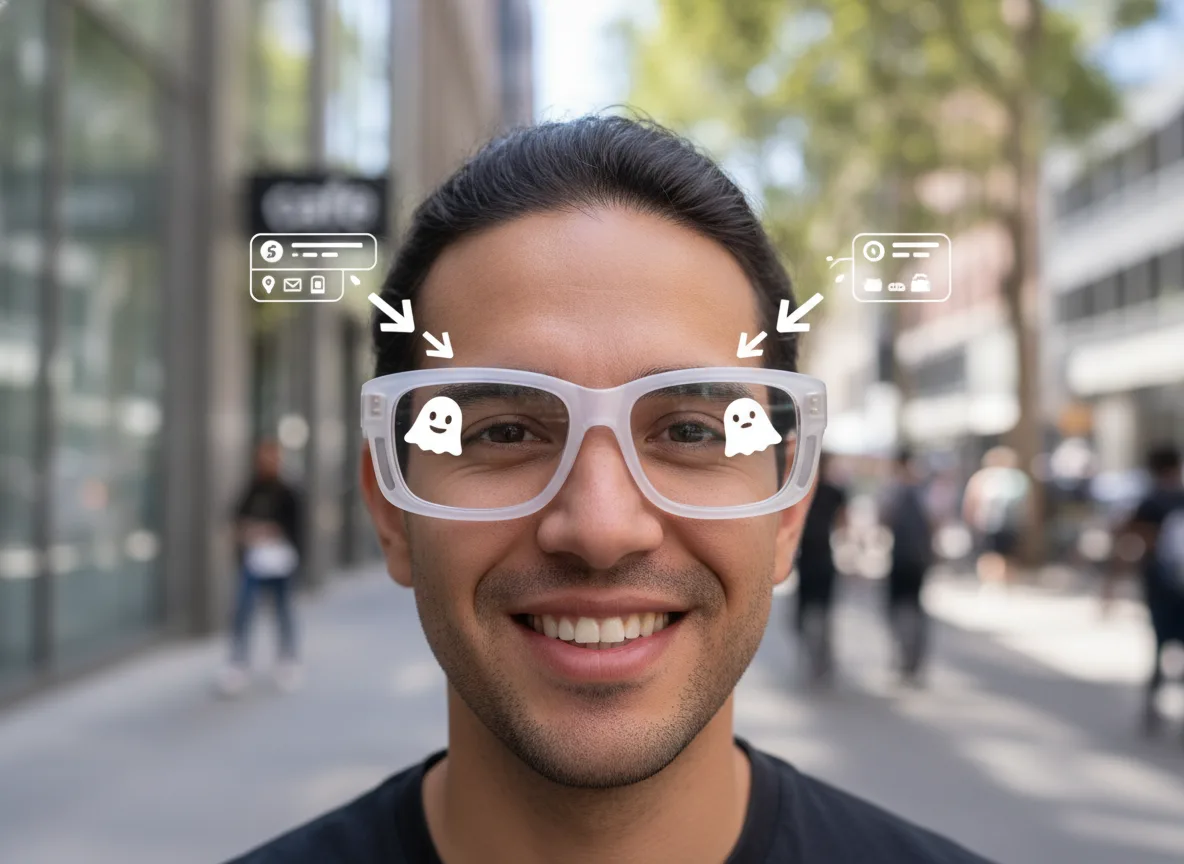 Homem sorrindo com óculos de realidade aumentada do Snapchat em rua movimentada | Imagine Company - Agência de Marketing e Vendas em Goiânia - GO - BRASIL