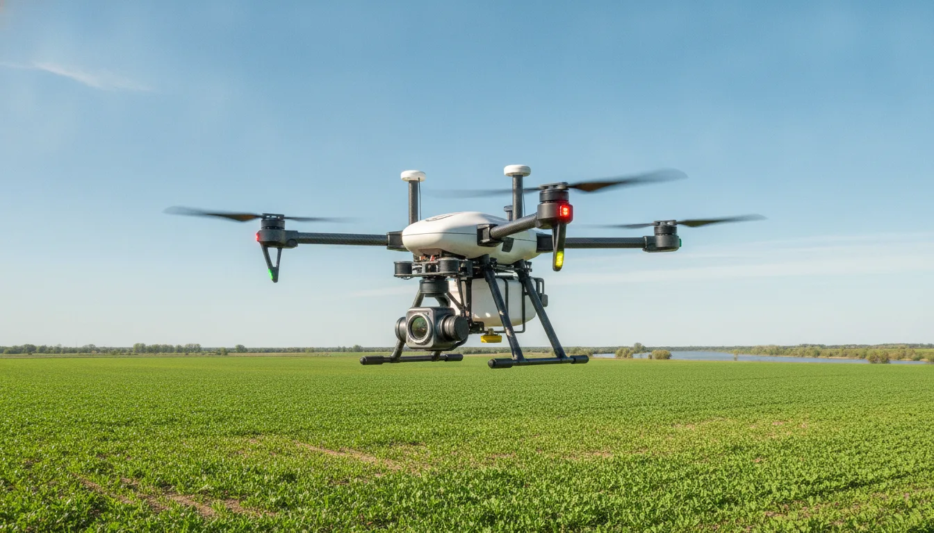 Drone voando sobre campo verde, uso agrícola | Imagine Company - Agência de Marketing e Vendas em Goiânia - GO - BRASIL