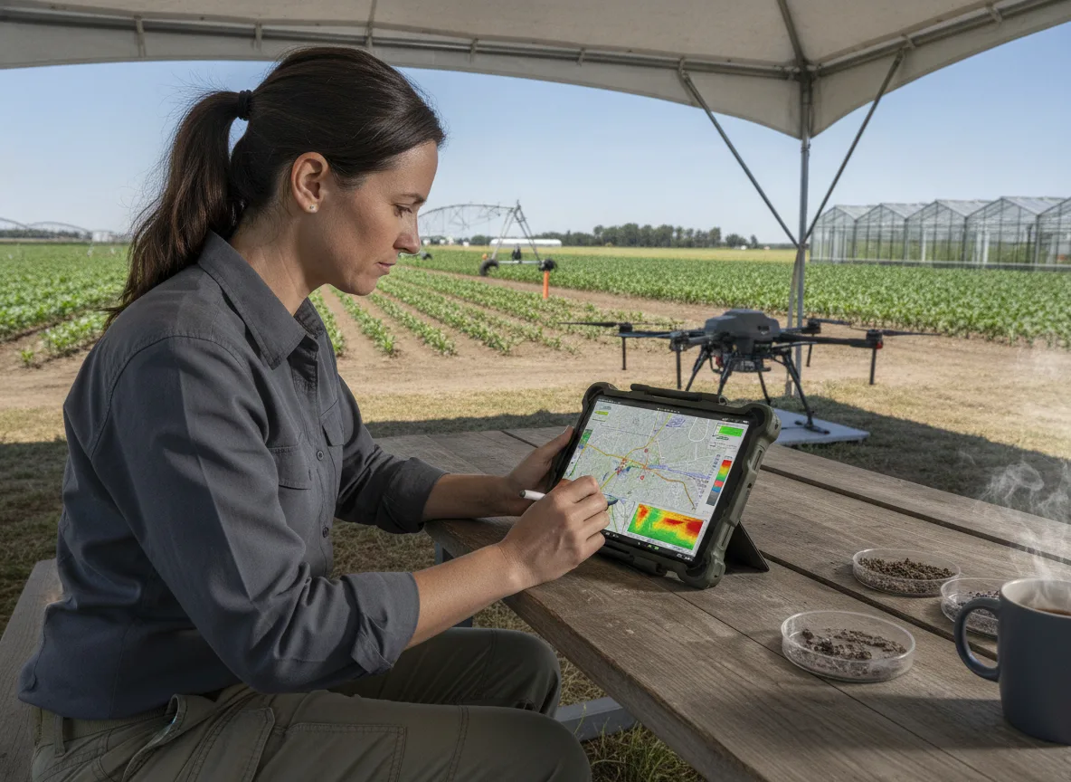 Mulher operando drone em campo agrícola, analisando dados em tablet. | Imagine Company - Agência de Marketing e Vendas em Goiânia - GO - BRASIL
