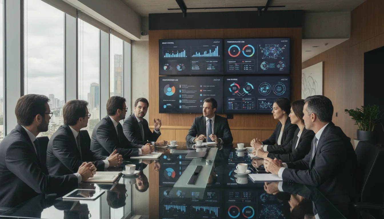 Executivos em reunião analisando dados de IA em painéis digitais | Imagine Company - Agência de Marketing e Vendas em Goiânia - GO - BRASIL