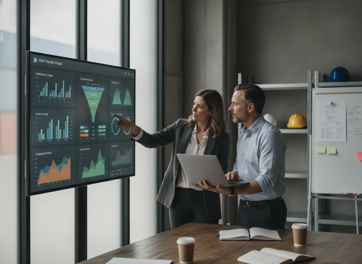 Duas pessoas analisando gráficos de performance em tela digital em escritório | Imagine Company - Agência de Marketing e Vendas em Goiânia - GO - BRASIL