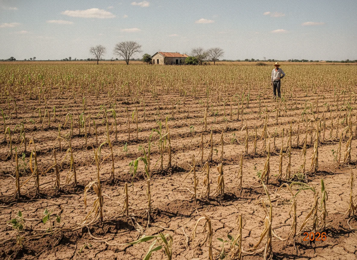 Campo seco com agricultor devido ao El Niño no Brasil | Imagine Company - Agência de Marketing e Vendas em Goiânia - GO - BRASIL