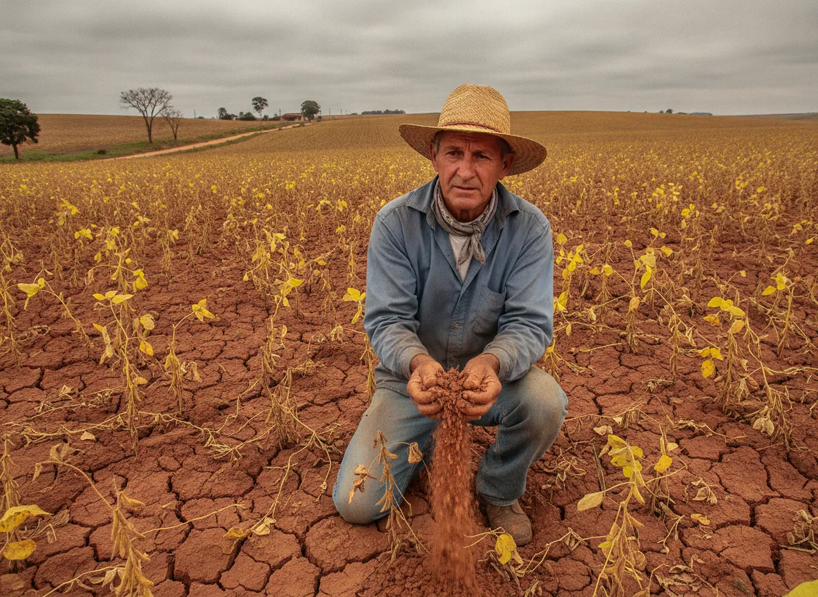 Agricultor ajoelhado em solo seco segurando terra em campo afetado pela seca | Imagine Company - Agência de Marketing e Vendas em Goiânia - GO - BRASIL