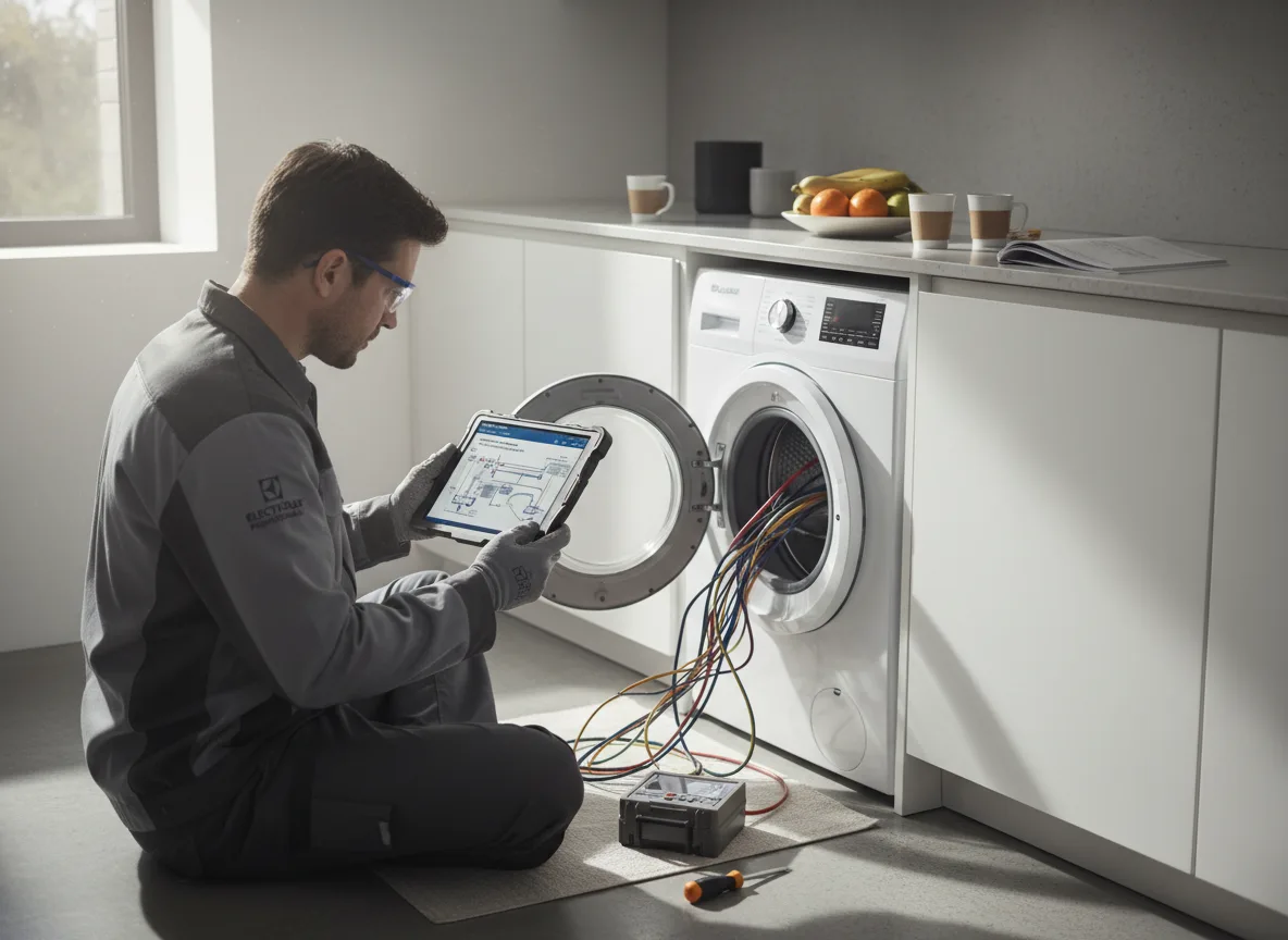 Técnico com tablet faz diagnóstico remoto em lavadora Electrolux. | Imagine Company - Agência de Marketing e Vendas em Goiânia - GO - BRASIL