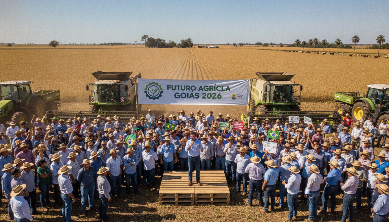 Daniel Vilela fala para uma multidão em um campo agrícola em Goiás, com tratores ao fundo e uma faixa sobre o futuro agrícola | Imagine Company - Agência de Marketing e Vendas em Goiânia - GO - BRASIL