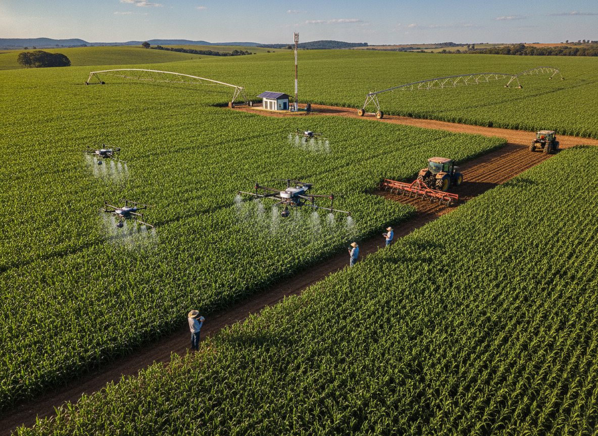 Drones e tratores em plantação de milho em Goiás, mostrando tecnologia no agro. | Imagine Company - Agência de Marketing e Vendas em Goiânia - GO - BRASIL