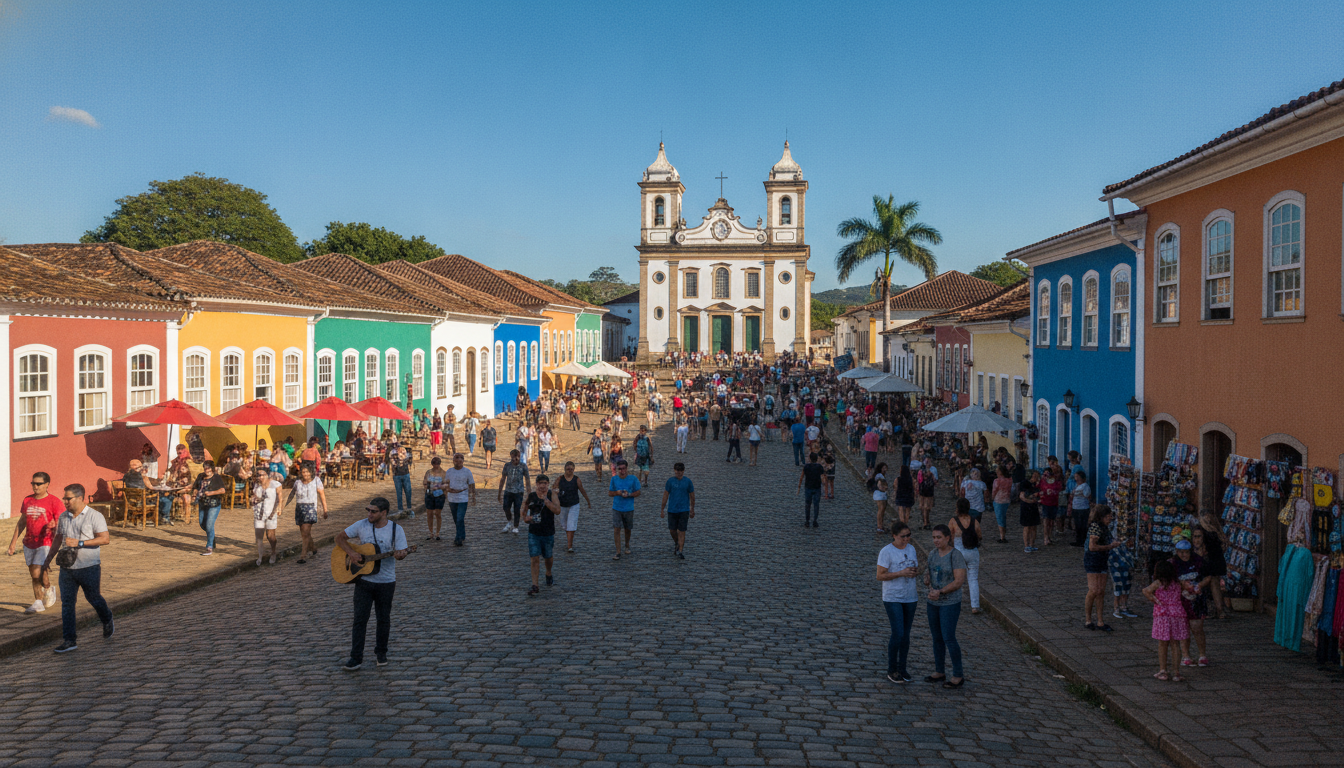 Rua de paralelepípedos com turistas e igreja ao fundo em cidade histórica | Imagine Company - Agência de Marketing e Vendas em Goiânia - GO - BRASIL