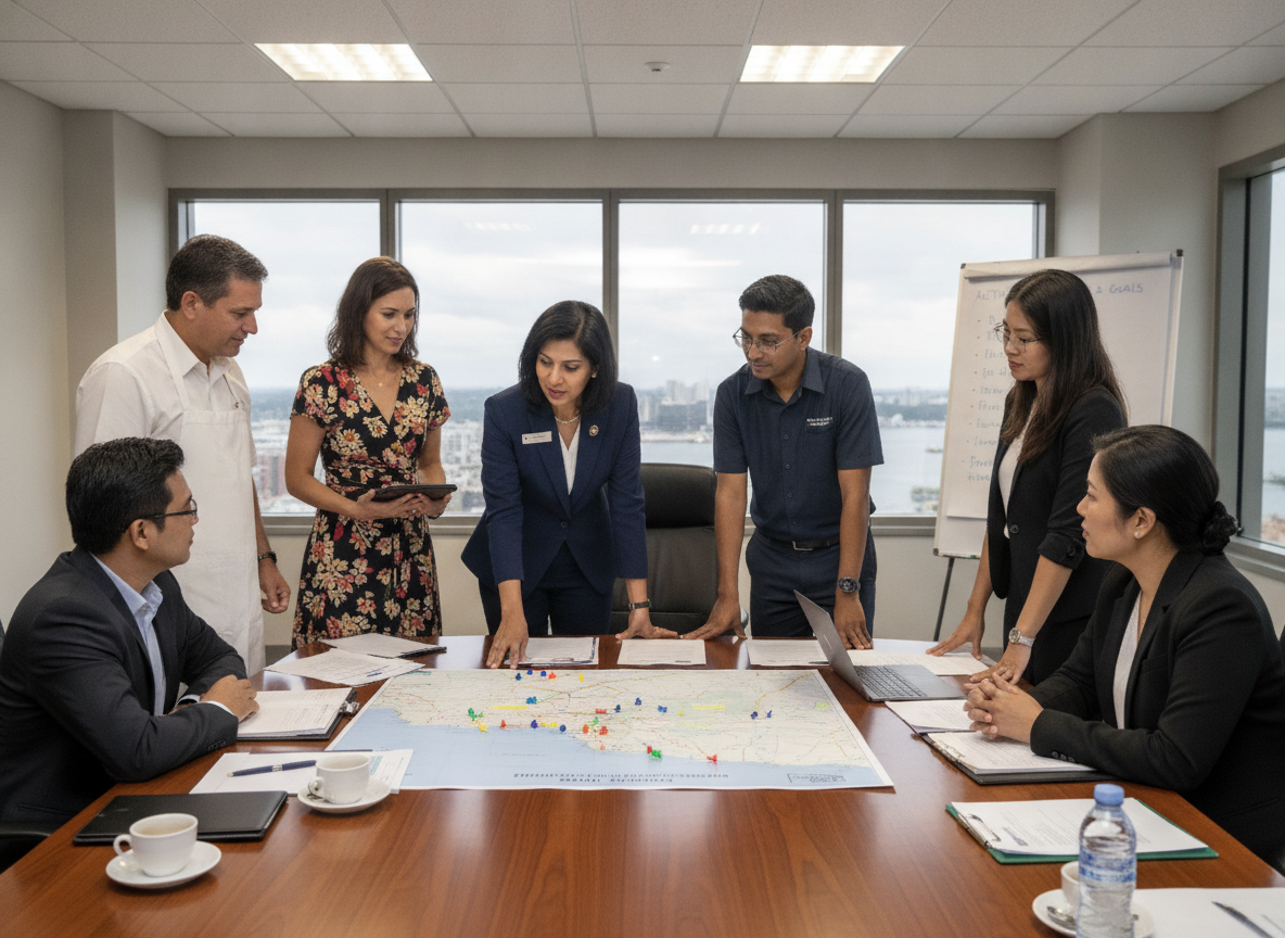 Grupo em reunião analisando mapa para planejamento turístico | Imagine Company - Agência de Marketing e Vendas em Goiânia - GO - BRASIL