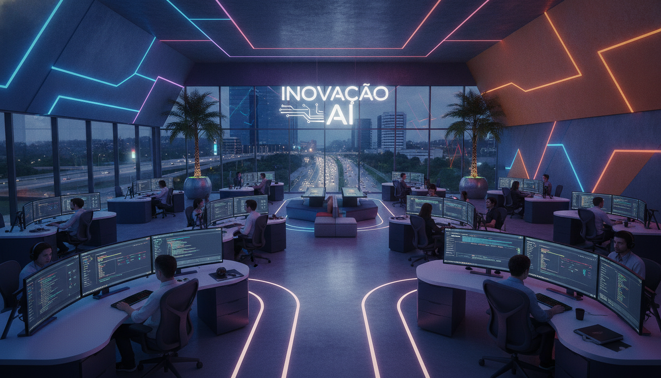 Escritório moderno com iluminação neon e telas de computador exibindo código, simbolizando inovação em IA. | Imagine Company - Agência de Marketing e Vendas em Goiânia - GO - BRASIL
