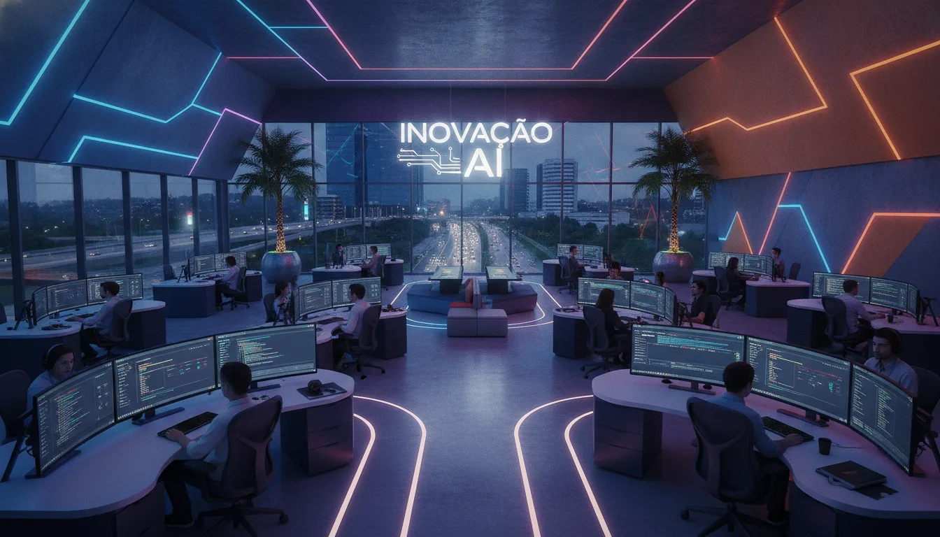 Escritório moderno com iluminação neon e telas de computador exibindo código, simbolizando inovação em IA. | Imagine Company - Agência de Marketing e Vendas em Goiânia - GO - BRASIL