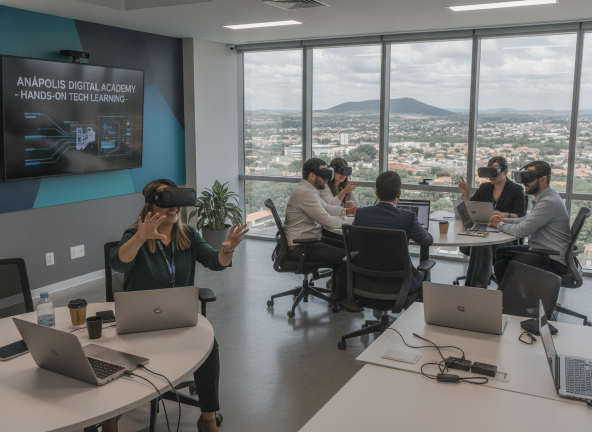 Pessoas em reunião usando tecnologia de realidade virtual em escritório moderno | Imagine Company - Agência de Marketing e Vendas em Goiânia - GO - BRASIL