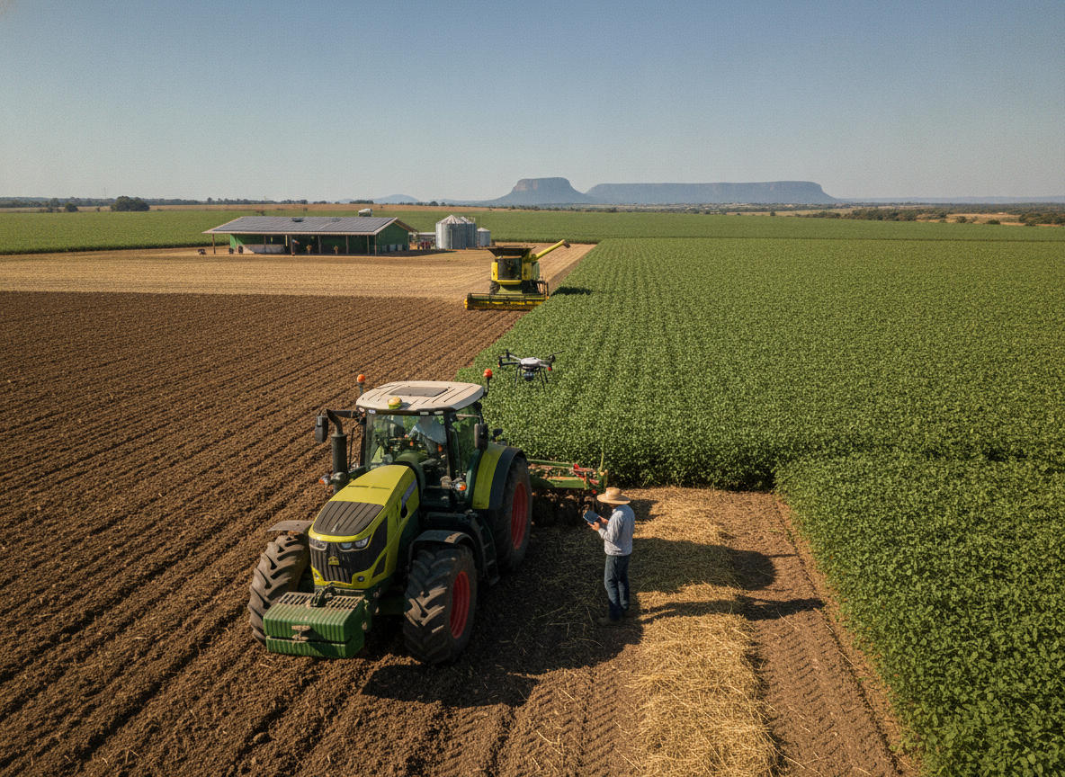Tratores trabalhando em plantação com montanhas ao fundo | Imagine Company - Agência de Marketing e Vendas em Goiânia - GO - BRASIL