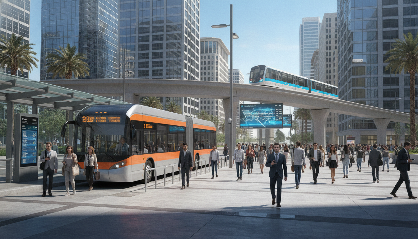 Imagem de ônibus e metrô em cidade moderna, simbolizando investimento em transporte público | Imagine Company - Agência de Marketing e Vendas em Goiânia - GO - BRASIL