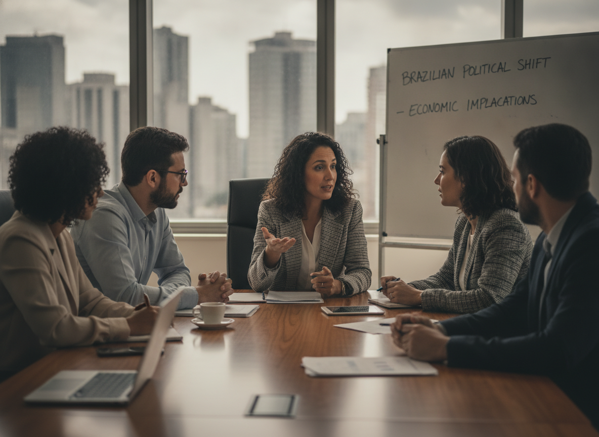 Grupo discutindo eleições brasileiras e futuro do STF em sala de reunião | Imagine Company - Agência de Marketing e Vendas em Goiânia - GO - BRASIL