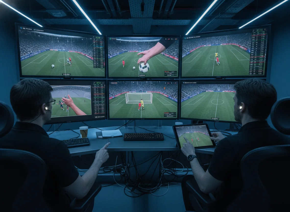 Sala de controle de arbitragem com monitores mostrando jogo de futebol | Imagine Company - Agência de Marketing e Vendas em Goiânia - GO - BRASIL