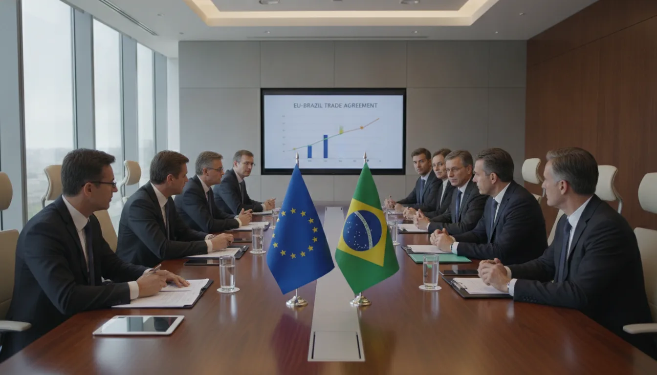 Diplomatas discutem acordo comercial entre UE e Brasil em sala de conferências | Imagine Company - Agência de Marketing e Vendas em Goiânia - GO - BRASIL