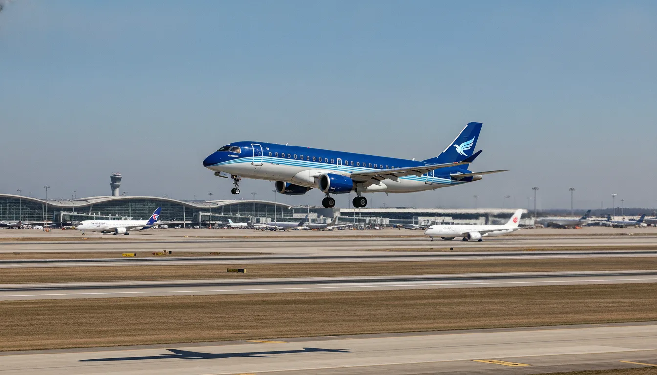 Avião Embraer azul decolando em aeroporto movimentado | Imagine Company - Agência de Marketing e Vendas em Goiânia - GO - BRASIL
