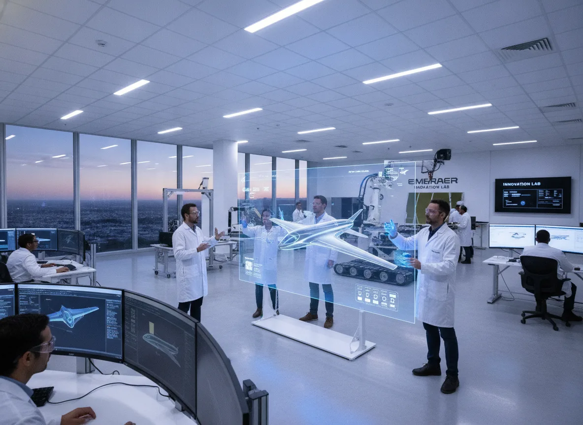 Engenheiros no laboratório da Embraer projetando aeronaves com tecnologia avançada | Imagine Company - Agência de Marketing e Vendas em Goiânia - GO - BRASIL
