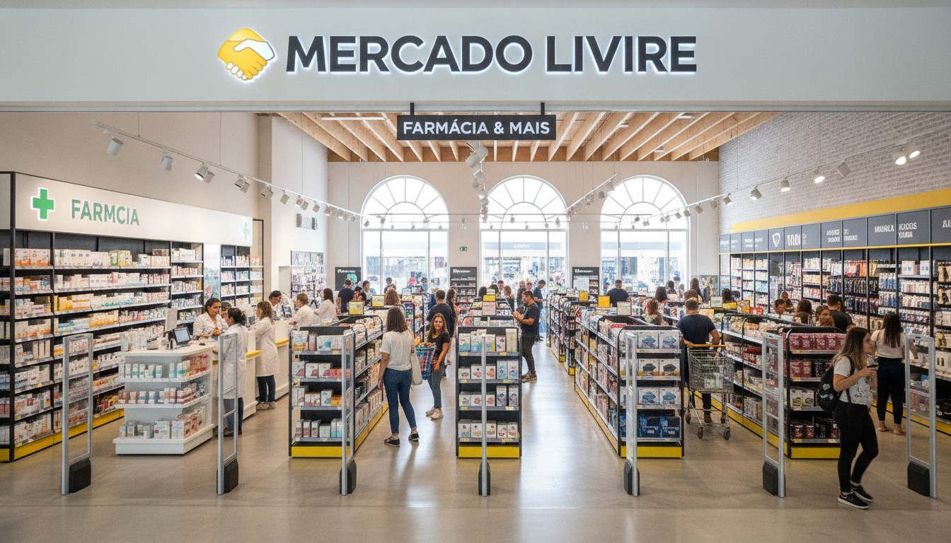 Interior de farmácia Mercado Livre com clientes e produtos nas prateleiras | Imagine Company - Agência de Marketing e Vendas em Goiânia - GO - BRASIL