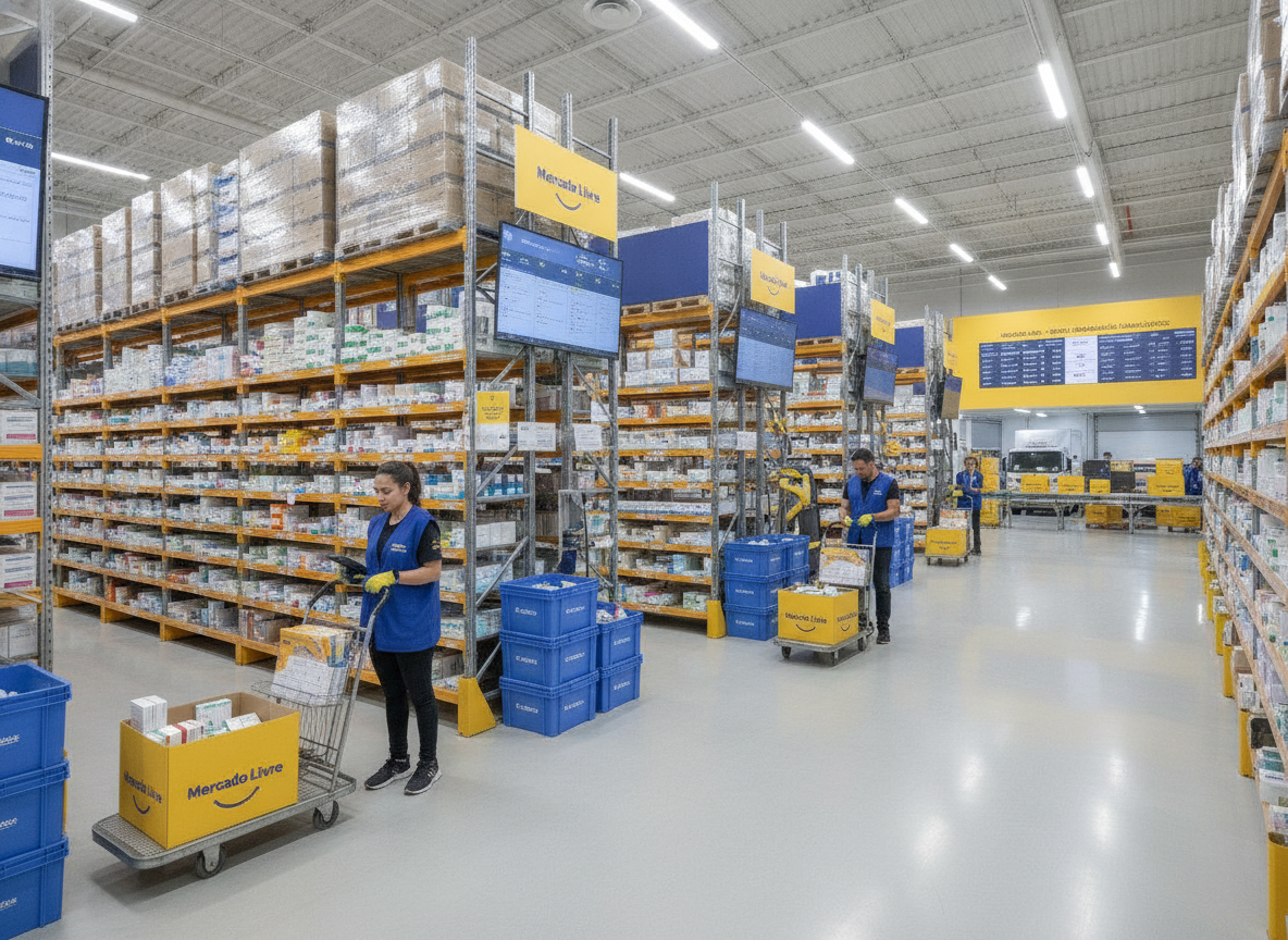 Funcionários organizando produtos farmacêuticos em armazém do Mercado Livre | Imagine Company - Agência de Marketing e Vendas em Goiânia - GO - BRASIL