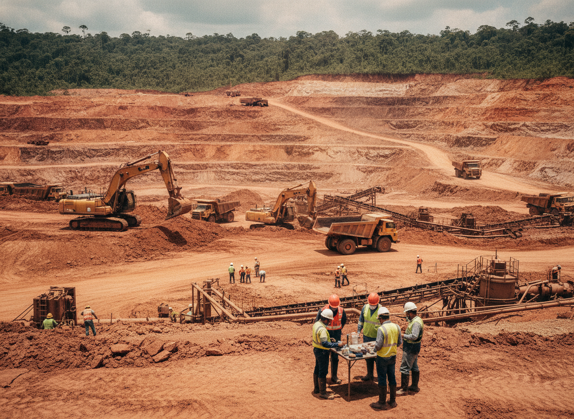 Imagem de mineração com escavadeiras e trabalhadores em projeto de terras raras | Imagine Company - Agência de Marketing e Vendas em Goiânia - GO - BRASIL