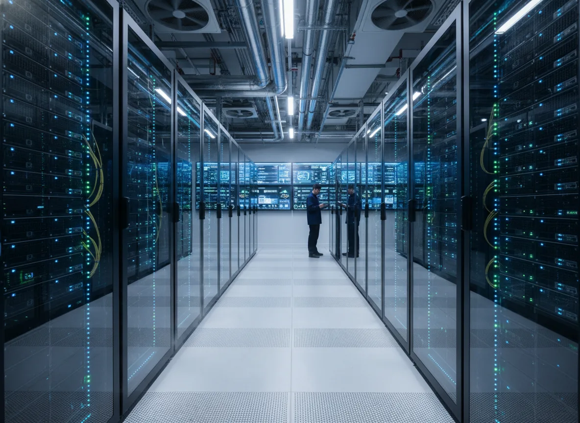 Corredor de data center moderno com servidores e tecnologia avançada | Imagine Company - Agência de Marketing e Vendas em Goiânia - GO - BRASIL