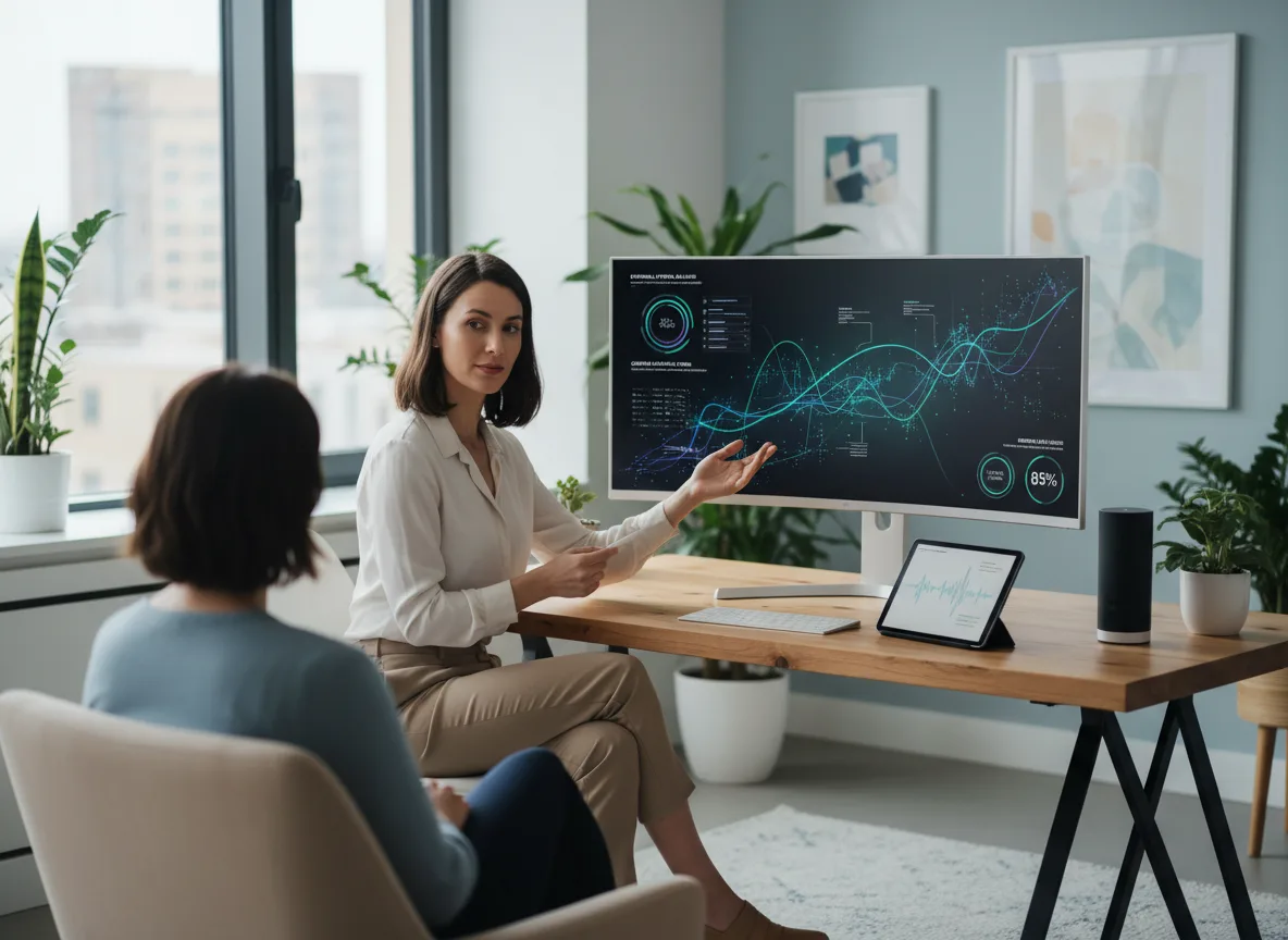 Duas mulheres discutem gráficos de IA em saúde mental em um escritório moderno. | Imagine Company - Agência de Marketing e Vendas em Goiânia - GO - BRASIL