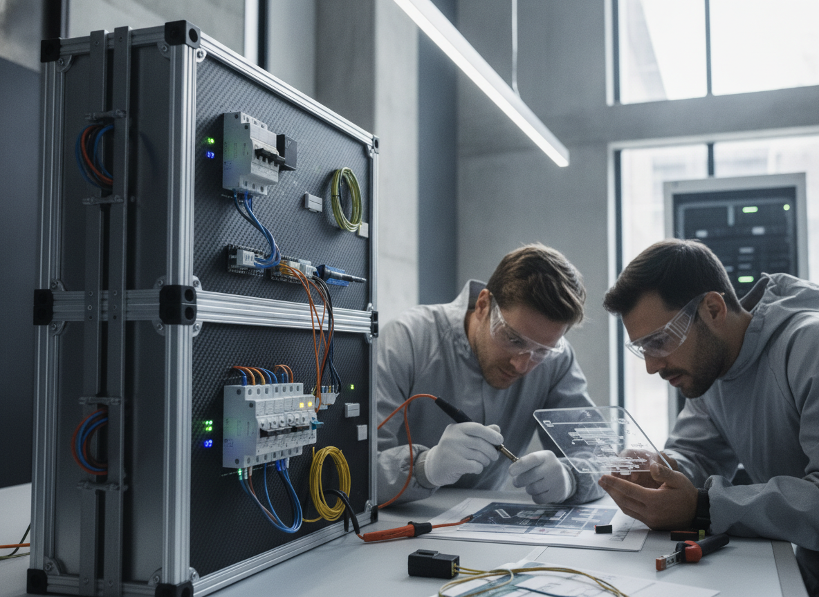 Dois engenheiros trabalhando em sistemas elétricos em um laboratório moderno. | Imagine Company - Agência de Marketing e Vendas em Goiânia - GO - BRASIL