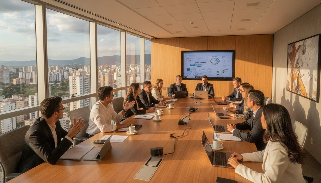 Grupo de empresários em reunião discutindo competitividade em sala de conferência moderna | Imagine Company - Agência de Marketing e Vendas em Goiânia - GO - BRASIL