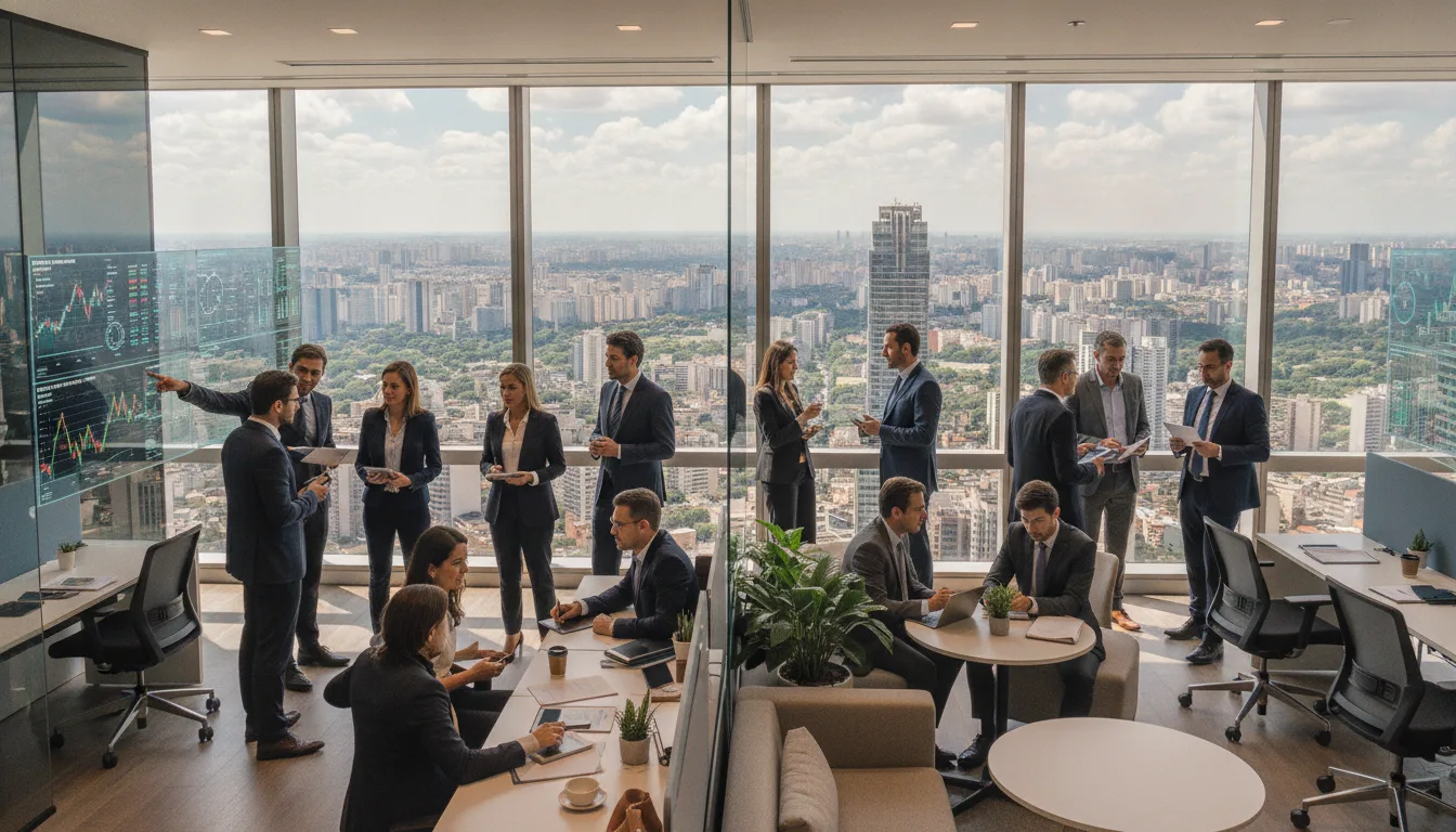 Profissionais em reunião sobre gestão de dívidas em escritório com vista urbana. | Imagine Company - Agência de Marketing e Vendas em Goiânia - GO - BRASIL