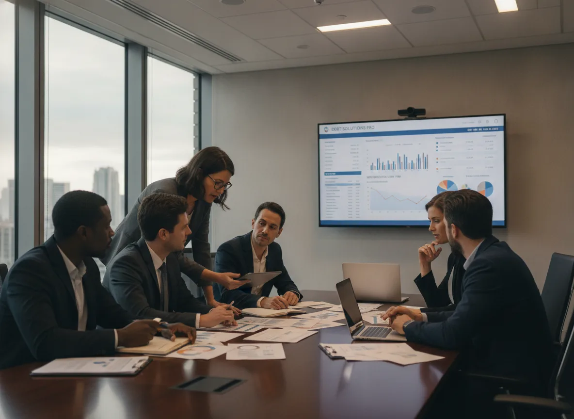 Executivos em reunião analisam gráficos financeiros em sala de conferência | Imagine Company - Agência de Marketing e Vendas em Goiânia - GO - BRASIL