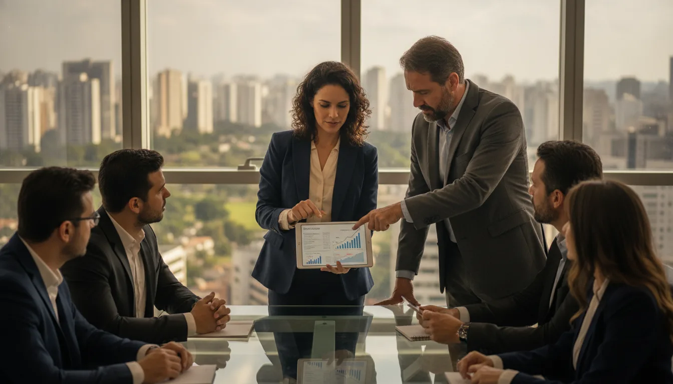 Grupo de executivos discutindo gráficos em reunião sobre reforma tributária. | Imagine Company - Agência de Marketing e Vendas em Goiânia - GO - BRASIL