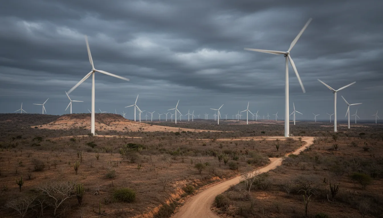 Turbinas eólicas em campo árido sob céu nublado | Imagine Company - Agência de Marketing e Vendas em Goiânia - GO - BRASIL