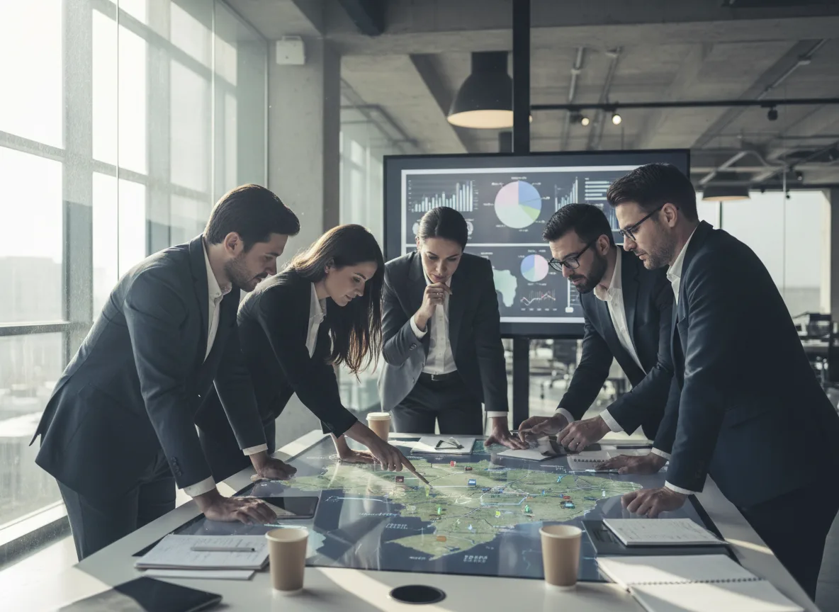 Grupo de executivos em reunião analisando gráficos de energia renovável | Imagine Company - Agência de Marketing e Vendas em Goiânia - GO - BRASIL