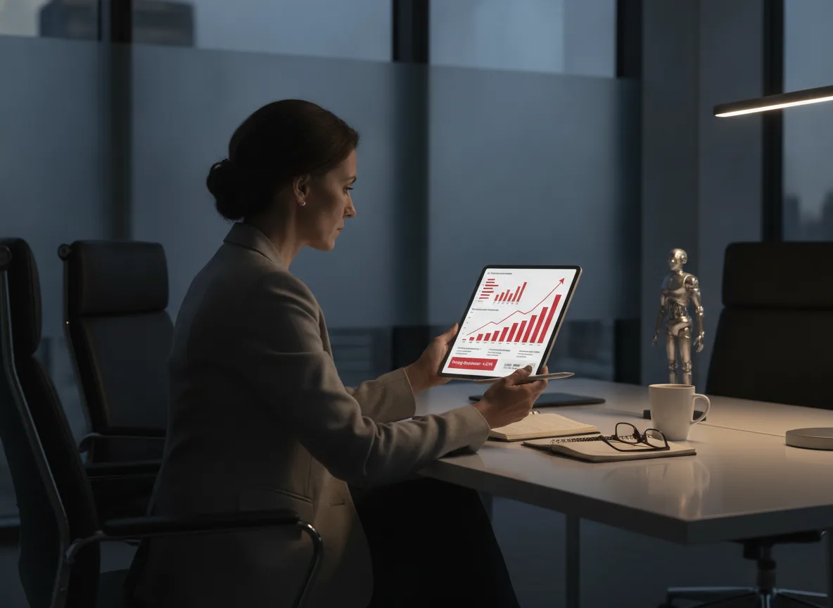 Mulher em escritório analisa gráficos de IA em tablet | Imagine Company - Agência de Marketing e Vendas em Goiânia - GO - BRASIL