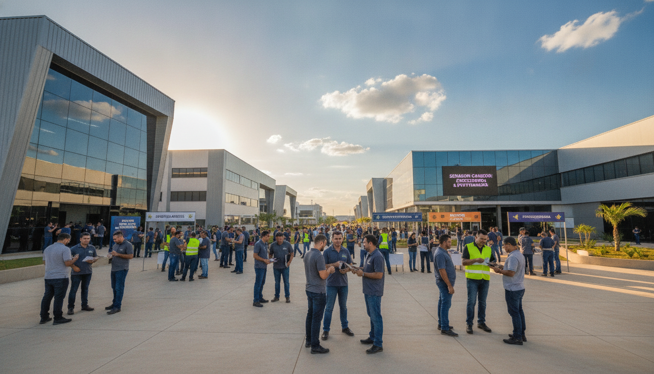Pessoas reunidas em frente a prédios industriais em Senador Canedo | Imagine Company - Agência de Marketing e Vendas em Goiânia - GO - BRASIL