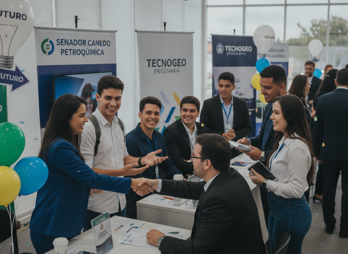 Pessoas interagindo em feira de empregos com banners de empresas ao fundo | Imagine Company - Agência de Marketing e Vendas em Goiânia - GO - BRASIL