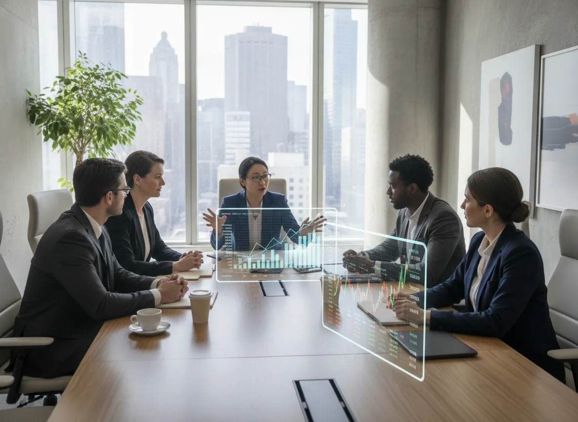 Pessoas em reunião com gráficos digitais discutindo recompra de ações | Imagine Company - Agência de Marketing e Vendas em Goiânia - GO - BRASIL