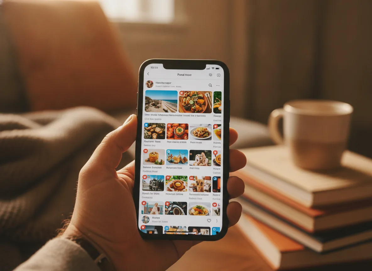 Pessoa segurando smartphone com imagens de comida em rede social. | Imagine Company - Agência de Marketing e Vendas em Goiânia - GO - BRASIL