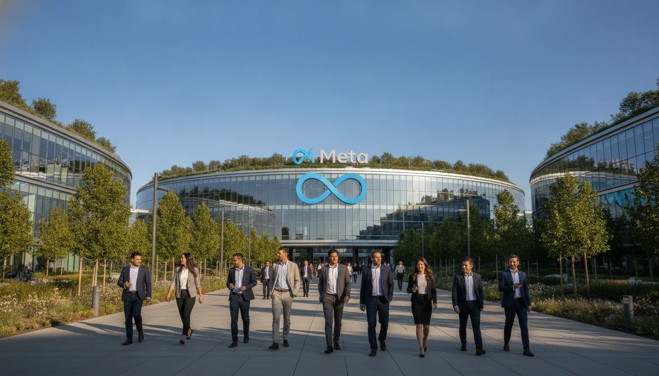 Prédio da Meta com pessoas caminhando na frente | Imagine Company - Agência de Marketing e Vendas em Goiânia - GO - BRASIL