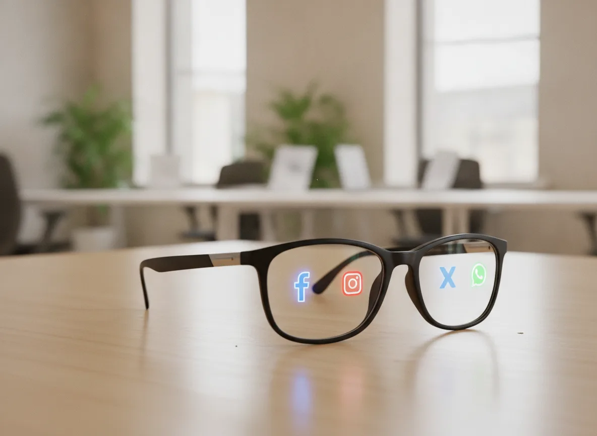 Óculos com ícones de redes sociais em mesa de escritório | Imagine Company - Agência de Marketing e Vendas em Goiânia - GO - BRASIL
