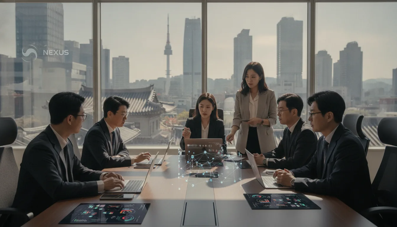 Grupo de executivos em reunião sobre IA com vista da cidade de Seul | Imagine Company - Agência de Marketing e Vendas em Goiânia - GO - BRASIL