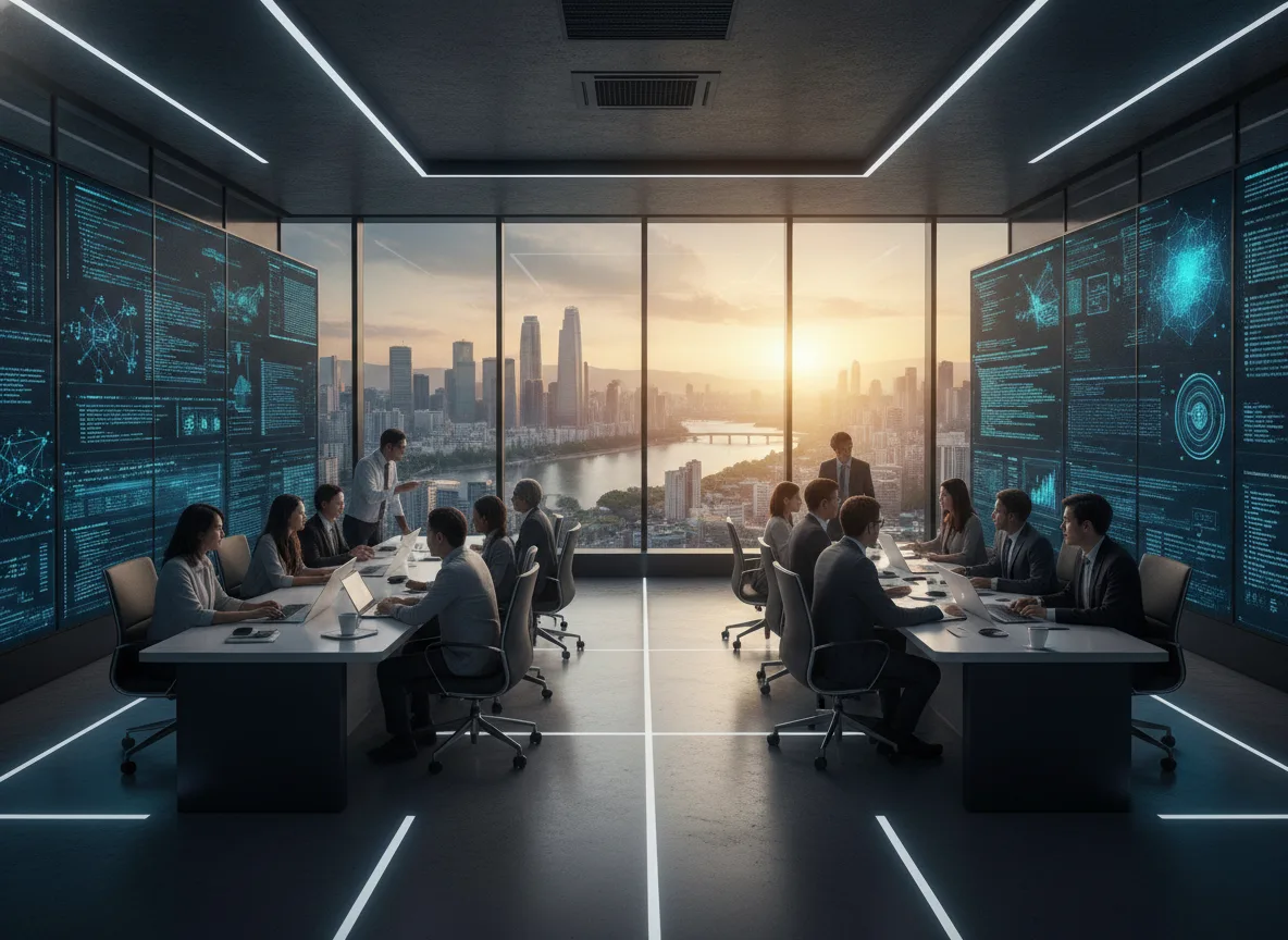 Pessoas em escritório moderno na Coreia do Sul discutindo inteligência artificial | Imagine Company - Agência de Marketing e Vendas em Goiânia - GO - BRASIL