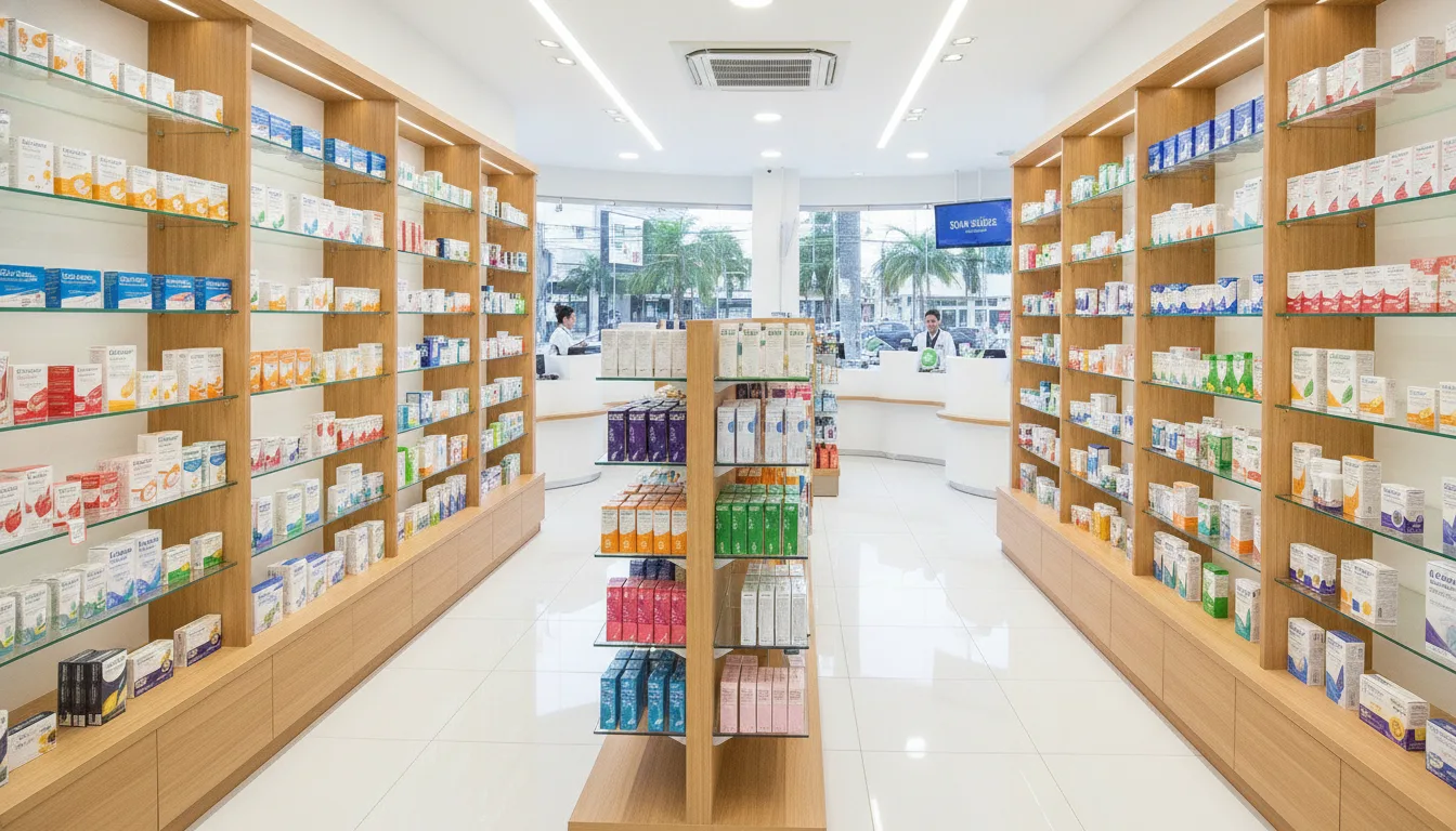Farmácia com prateleiras cheias de medicamentos e produtos de saúde. | Imagine Company - Agência de Marketing e Vendas em Goiânia - GO - BRASIL